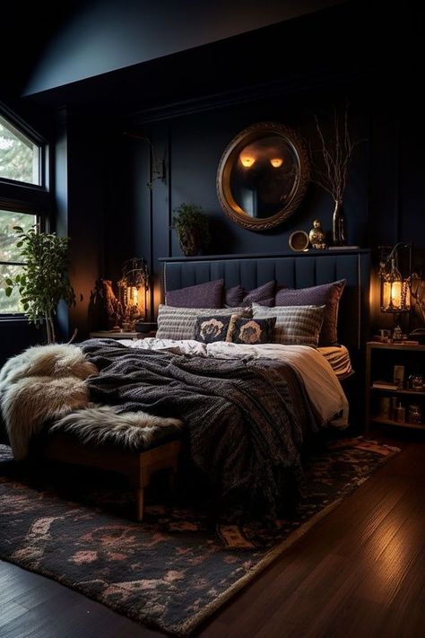 17 Dark And Moody Bedroom Ideas That Are Super Cozy Bedroom Wall Decorations Aesthetic, Gothic Nature Aesthetic Bedroom, Dark Bedroom Ideas For Couples, Seductive Bedroom Ideas Romantic, Goth Bedroom Ideas, Dark Romantic Bedroom, Dark Boho Bedroom, Dark Bedrooms, Dark Cozy Bedroom