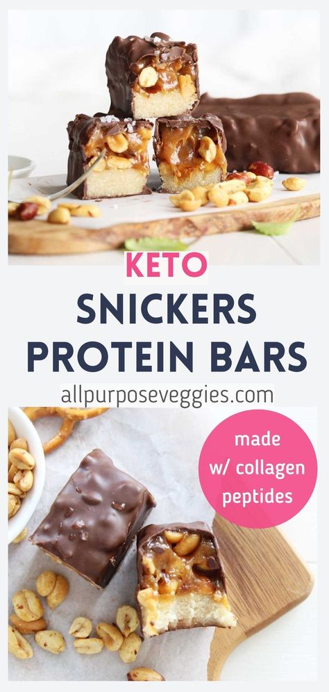 These extra special, easy, no-bake Keto Snickers Protein Bars have a secret ingredient in them: collagen peptides powder. It’s what gives this recipe its distinct gooey, caramel-like centers, just like the classic candy bar. Paired with the low-carb coconut flour cookie base, the chocolate coating and the crunchy peanuts, you’ll never know that this bar contains 23g of protein per serving (more than 7 times of what’s contained in the original Snickers bar!) #collagenpeptides #proteinbars #keto High Protein Snickers Bar, Protein Snickers Bar, Keto Snickers Bar, Snickers Protein Bar, Keto Snickers, Protein Snickers, Thm Cookies, Snickers Bars Recipe, Snickers Protein