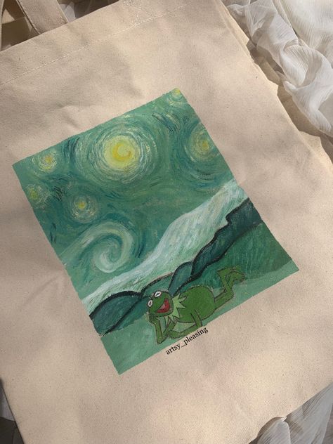 Hand painted tote bag quirky designs kermit the frog starry night van gogh Green Starry Night, Creative Tote Bag, Frog Design, Candle Art, Kermit The Frog, Diy Tote Bag, The Frog, Diy Canvas Art, Diy Canvas