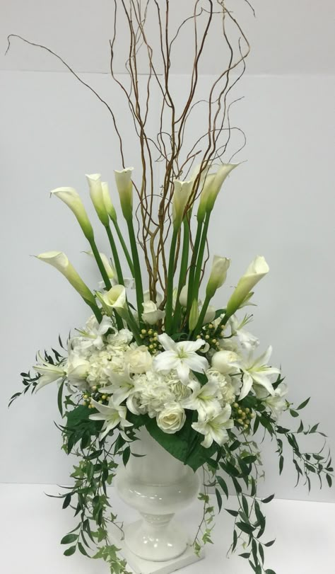 Calla Lily Floral Arrangements, Calla Lily Arrangement Ideas, Easter Lily Arrangement For Church, Church Flower Arrangements Altars Simple, Church Flower Arrangements Altars Ideas, Flower Arrangements White, Calla Lily Arrangement, Church Floral Arrangements, Tall Flower Arrangements