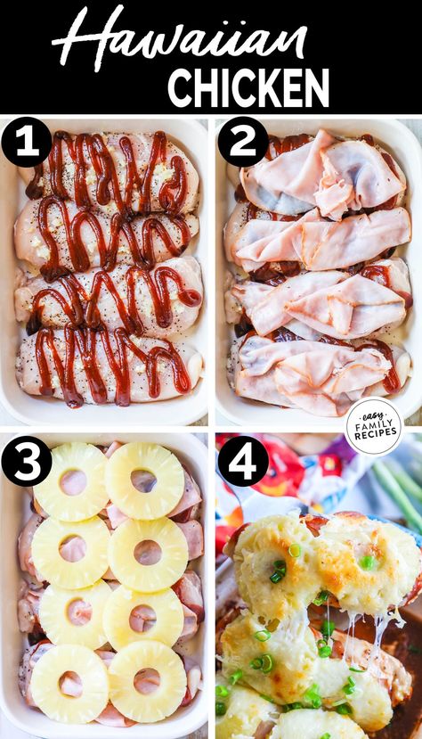 This Baked Hawaiian Chicken is the perfect weeknight dinner. It is packed full of flavor and the dish comes together in just a few minutes. This one dish dinner only has a handful of ingredients, but there is no shortage of flavor. Chicken, BBQ Sauce, salty ham, sweet pineapple, and savory cheeses all bake to perfection and your family will be asking for seconds. Baked Hawaiian Chicken can be served with many different sides, but I suggest rice, roasted asparagus or even a cold pasta salad. Hawaiian Chicken Casserole Recipes, Hawaiian Chicken Rice Bowl, Hawaiian Chicken Sheet Pan Dinner, Easy Hawaiian Chicken, Baked Pineapple Chicken, Hawaiian Side Dishes, Chicken Bbq Sauce, Hawaiian Chicken Recipes, Pineapple Casserole