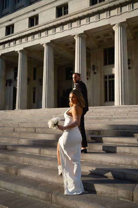 Editorial Courthouse Wedding Photos in Miami | Intimate Weddings | Ramses Garcia Photo | The bride wore a chic bridal dress and groom kept it classy for their miami courthouse elopement. Find more courthouse wedding outfit ideas, chic courthouse wedding inspo, editorial wedding photography, and editorial wedding portraits. Book Ramses for your miami elopement at ramsesgarciaphoto.com Courthouse Wedding Photo Shoot, Miami Beach Courthouse Wedding, Court House Wedding Picture Ideas, Gen Z Wedding, Elopement Ideas Courthouse, Courthouse Wedding Outfit, Courthouse Photos, Miami Elopement, Chic Bridal Dress