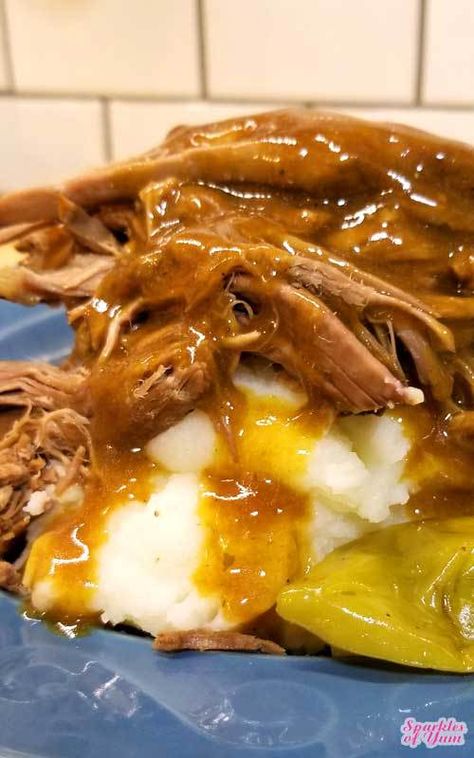 An easy peasy gravy makes a silky, scrumptious, and divine addition to this fork tender Mississippi Pot Roast recipe that broke the internet. Hits it out of the park every time! A few squeezes with the tongs, and this roast literally falls apart. Crock Pot Pork Tenderloin, Pot Roast With Gravy, Mississippi Pot Roast Recipe, Roast With Gravy, Trisha Yearwood Recipes, Crockpot Pork Tenderloin, Crock Pot Pork, Pork Loin Roast Recipes, Pot Roast Recipe