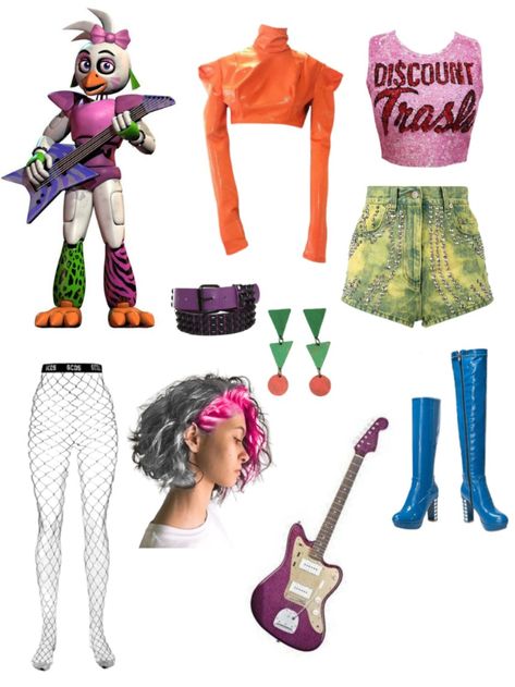 #glamrockchica #glamrock #chica #outfitideas #outfit #ideas #fnafsecuritybreach #securitybreach #fnaf #security #breach #neon #rock #vintage Sundrop Inspired Outfit Fnaf, Fnaf Security Breach Inspired Outfits, Glamrock Chica Inspired Outfit, Glamrock Chica Cosplay Ideas, Fnaf Sb Inspired Outfits, Glamrock Clothes, Glamrock Freddy Outfit Ideas, Glamrock Aesthetic Outfit, Monty Fnaf Outfit