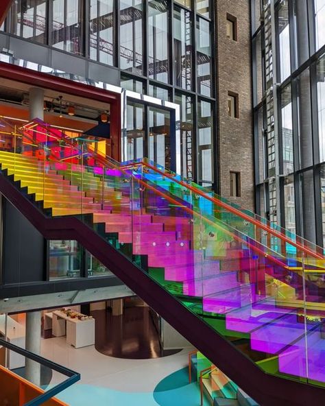 Iridescent Office, Stair Upgrade, Rainbow Staircase, Stairs Upgrade, Rainbow Interior Design, Rainbow Interior, California Cottage, Glass Railing Stairs, Google Office