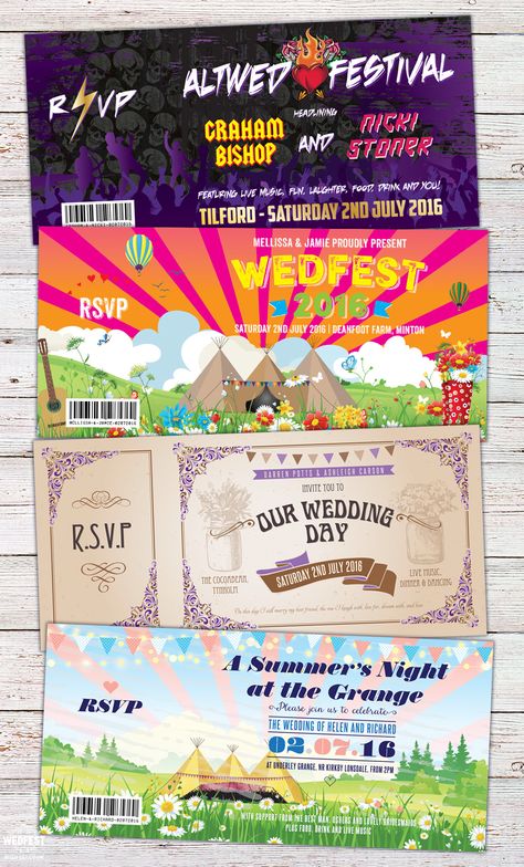 Festival, Boho, Wedfest and Rock N Roll Wedding Invites - http://www.wedfest.co/festival-boho-wedfest-and-rock-n-roll-wedding-invites/ Wedfest Invitations, Music Festival Wedding, Ticket Wedding Invitations, Festival Style Wedding, Festival Themed Wedding, Rock N Roll Wedding, Music Themed Wedding, Festival Bride, Festival Theme