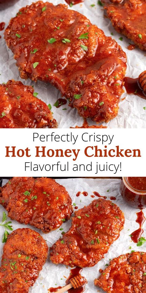 Savor the taste of crispy Hot Honey Chicken! Chicken breasts are soaked in buttermilk, breaded with panko, and fried to perfection. The sweet and spicy hot honey sauce makes this dish the best-ever, adding a burst of flavor that’s truly next-level. An ideal chicken breast dinner idea for any night of the week! Fried Chicken Recipe Spicy, Hot And Honey Chicken Tenders, Honey Sauce For Fried Chicken, Hot Sauce Chicken Recipes, Breaded Chicken With Sauce, Hot Honey Chicken Tenders Recipe, Boneless Chicken Wing Recipes, Hot Honey Sauce For Chicken, Hot Honey Chicken Bites