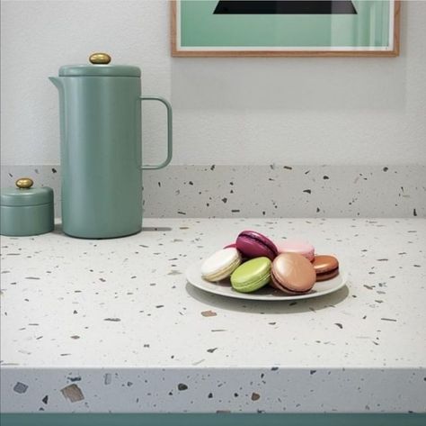 Laminate Worktop Kitchen, Green Kitchen Quartz Worktop, White Laminate Worktop, Kitchen Worktop Ideas, Terrazzo Worktop Kitchen Uk, Worktop Upstands, Laminate Worktop, Laminate Kitchen, Laminate Colours