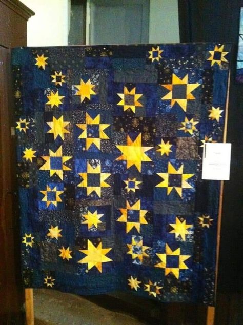 Witchy Quilt Pattern, Blue And Yellow Quilts Ideas, Moon And Stars Quilt, Aesthetic Quilts, Witchy Quilt, Constellation Quilt, Witch Quilt, Quilt Sofa, Halloween Quilt Patterns