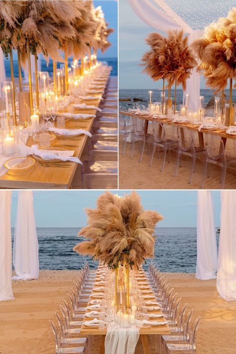 Boho Beach Wedding Decor: Coastal Charm with Pampas & Candlelight Beach Wedding Boho Decor, Beach Reception Decorations, Cabos Wedding, Bohemian Twist, Tropical Wedding Inspiration, Los Cabos Wedding, Romantic Ambiance, Beachside Wedding, Cabo Wedding