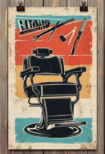 ↑↑↑ Larger size on website 🔸 The image is a vintage-style poster for a barbershop. It features a black barber's chair in the cent 1950s Barber Shop, Barbershop Poster, Vintage Barbershop, Barber Chair, Blue Color Schemes, Classic American, Barber Shop, Red White And Blue, Textured Background