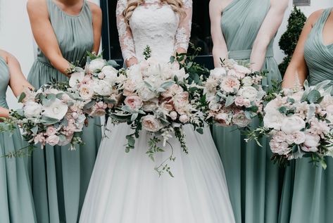 Stunning sage bridesmaid gowns look sensational against blush and sage bouquets | Stella Photography #sage #blush #bouquet Sage Blush Wedding, Blush Flowers Bouquet, Sage Green Wedding Theme, Sage Blush, Luxury Wedding Flowers, Early Spring Wedding, Blush Bouquet Wedding, Blush Bouquet, Green Themed Wedding