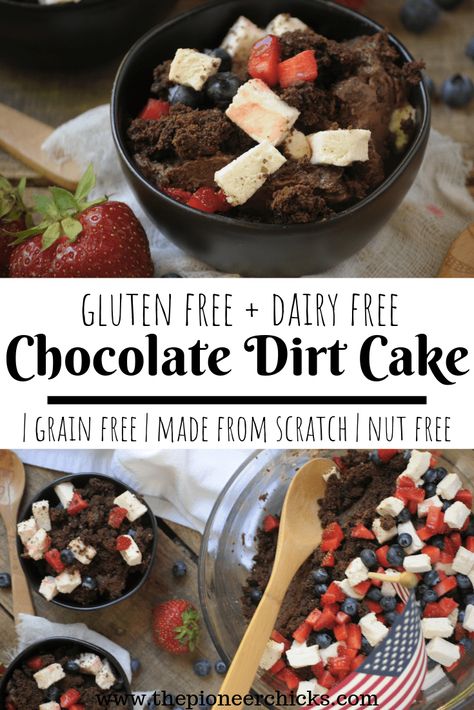 Grain-free Patriotic Dirt Cake- this grain free and gluten free dirt cake is the perfect dessert for a 4th of July celebration, or any summer party! It is a simple dessert to make and has an amazing taste and texture! | The Pioneer Chicks | summer desserts | 4th of July recipes | patriotic dessert | dirt cake recipe | made from scratch | #grainfree #glutenfree #dairyfree #nutfree #cake #summer #simple #dessert #pudding #homemade #patriotic Gluten Free Dairy Free Dirt Cake, Chocolate Dirt Cake, Dairy Free Pudding, Dirt Cake Recipes, Chocolate Pudding Recipes, Dirt Cake, Homemade Pudding, Patriotic Desserts, Dairy Free Dinner