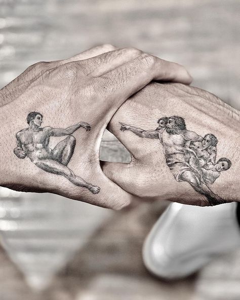 Michelangelo Hand Tattoo, God Creating Adam Tattoo, Tattoo Of God, Adam And God Tattoo, Adam And God Hand Tattoo, Adam Aesthetic, The Creation Of Adam Tattoo, Adam Tattoo, 2024 Tattoo