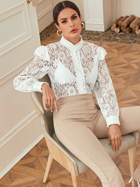 Lace Button Up Shirt, Christening Outfit Women, Lace Top Outfit White, Romantic Lace Blouse, Sheer Lace Shirt, Womens Lace Tops, Beige Shirt, Gorgeous Blouses, Christening Outfit