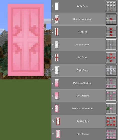 Banner Designs Minecraft Cute, Cute Sheild Banner Designs Minecraft, Pink Banner Design Minecraft, Minecraft Wall Pattern Ideas, Pink Banner Ideas Minecraft, Banner Idea Minecraft, Simple Minecraft Banner Designs, Minecraft White Color Palette, Rose Banner Minecraft