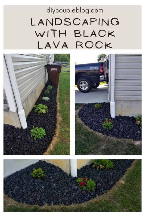 Wanting landscaping ideas for front of house, side yard, rock landscape inspiration? Try this landscape design featuring beautiful black lava rock. Perfect for all kinds of flower beds. Will give you amazing curb appeal and makes for low maintenance gardening. Black Lava Rocks Landscaping, Lava Rock Landscaping, Rocks For Landscaping, Lava Rock Landscape, Rock Flower Beds, Landscaping Around House, Landscaping With Large Rocks Front Yard, Side Yard Landscaping, Rock Landscaping