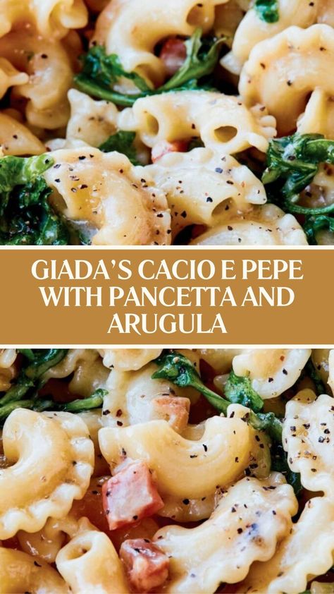 Giada’s Cacio E Pepe With Pancetta and Arugula Pecorino Cheese Pasta, Recipes Using Diced Pancetta, Pancetta Pasta Recipes, Giada Pasta, Giada De Laurentiis Recipes, Pancetta Recipes, Pancetta Pasta, Giada Recipes, Scrumptious Food