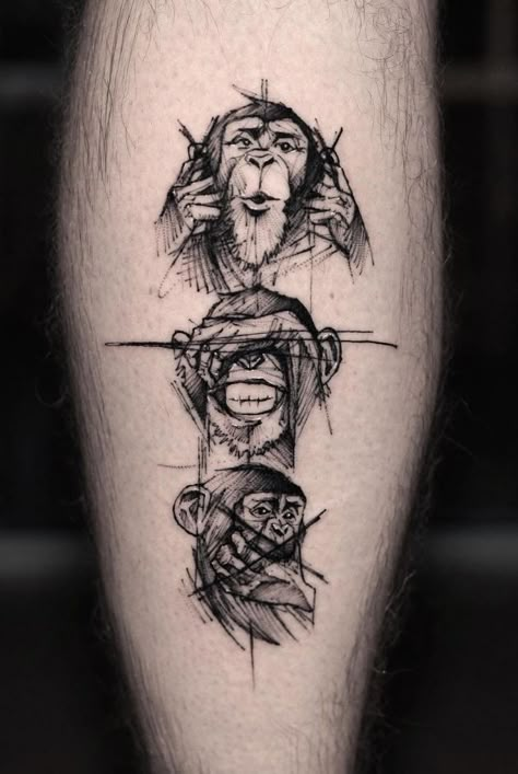 Three Monkeys Tattoo 3 Wise Monkeys Tattoo Design, Geometric Monkey Tattoo, Tattoo Sholders Idea, Ape Tattoos For Men, Three Monkeys Tattoo, Gorilla Tattoo For Women, Trending Tattoos Men, Monkey Tattoo Men, Bansky Tattoos