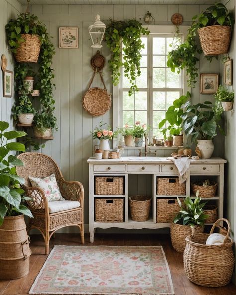 Cottagecore She Shed Interior, Conservatory Garden Room, Cottage She Shed Interior, Rustic She Shed Interior Ideas, Garden Cabin Interior, Boho She Shed Interior, Vintage She Shed, Potting Shed Interior Ideas, Shed Interior Ideas