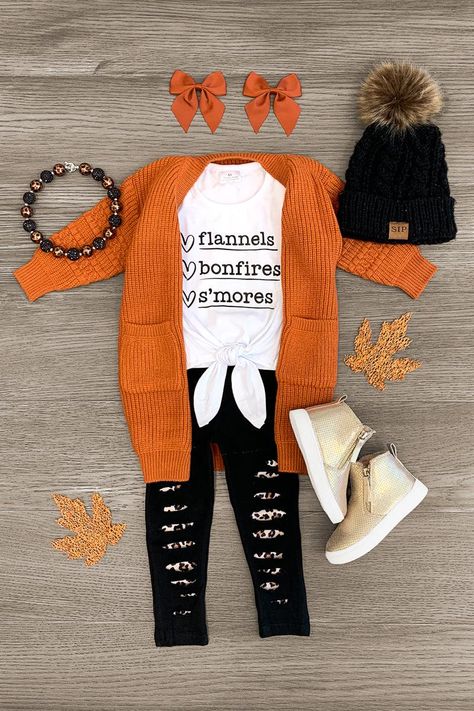 "Flannels, Bonfires, S'mores" Legging Set | Sparkle In Pink Girls Fall Fashion 2024, Toddler Fall Outfits, Distressed Leggings, Sparkle In Pink, Trendy Kids Outfits, Toddler Fall, Girls Fall Outfits, Flannel Dress, Cute Cardigans