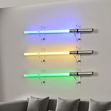 Lightsaber Wall Mount, Lightsaber Stand, Lightsaber Display, Kids Lighting Bedroom, Diy Lightsaber, Wall Display Case, Office Guest Bedroom, Nerd Room, Storage Kids Room