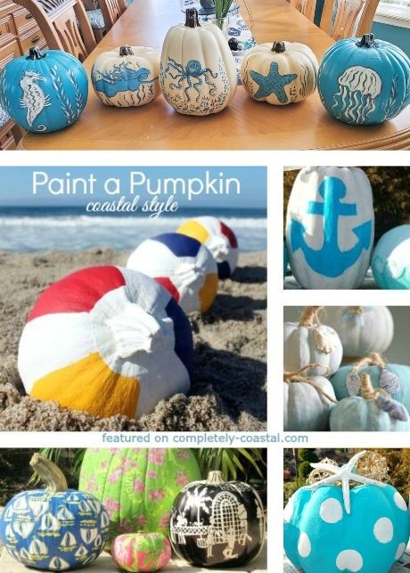 Painted pumpkins featured on Completely Coastal. Paint pumpkins coastal! Nautical Pumpkin Painting, Beach Theme Pumpkins, Beach Pumpkins Painting, Beach Painted Pumpkins, Coastal Pumpkins Decorating Ideas, Nautical Pumpkins, Beach Pumpkins, Coastal Thanksgiving, Coastal Pumpkins