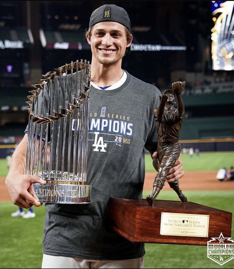 A photo of Corey Seager with the Willie Mays World Series MVP & the Commisioner's Trophy. #MLB Mvp Trophy, Mlb Dodgers, Hot Baseball Players, Comfortable Shoes For Men, Dodgers Nation, La Dodgers Baseball, Corey Seager, Mlb World Series, Rangers Baseball