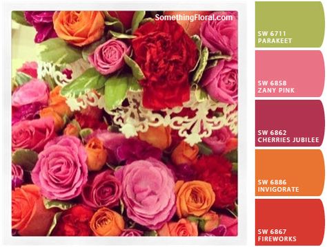 Pink Red Green Wedding, Pink Green Orange Wedding, Red Orange Pink Wedding Color Palettes, Red And Pink Color Palette, Fresh Bridal Bouquets, Summer Color Palettes, Orange Pink Color, Pink Green Wedding, Red Orange Color