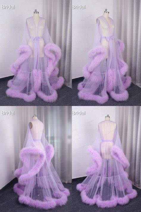 Sheer Robe With Fur, Bachelorette Branding, Widow Robe, Lavender Costume, Marabou Robe, Feather Pajamas, Fancy Robes, Sheer Robe, Gowns Dresses Elegant