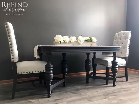 This antique dining table set by ReFind Design by Coco Clare is an absolute showstopper! The base was painted with General Finishes Lamp Black Milk Paint while the top was refinished with a custom blend of GF water based Dye Stains. Black Antique Dining Table, Dining Extension, Antique Dining Table, Black Painted Furniture, Water Based Wood Stain, Antique Dining Tables, Table Bases, Chalk Painting, General Finishes