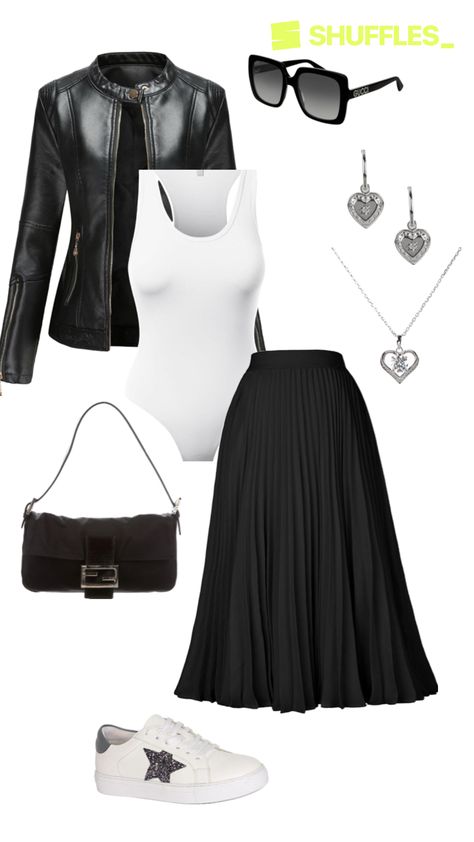 This casual stylish spring outfit with the pleated skirt and sneakers is a great streetwear outfit. Can be worn: streetwear, casual wear, going out, cafe, date, travel, shopping and more. #outfitinspo #skirtoutfit #leatherjacket #streetwear Pleated Skirt And Sneakers, Spring Streetwear, Cafe Date, Stylish Spring Outfit, Fashion Trend Board, Skirt And Sneakers, Travel Shopping, Over 50 Womens Fashion, Vintage Spring