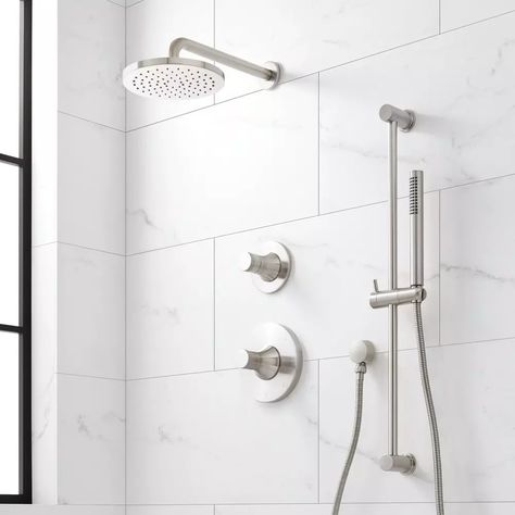 Signature Hardware Two Handle Single Function Shower System in Brushed Nickel | Ferguson Shower Build, Shower Jets, Lighted Medicine Cabinet, Acrylic Tub, Shower Drains, Shower Faucet Sets, Slide Bar, Rainfall Shower, Tub And Shower Faucets