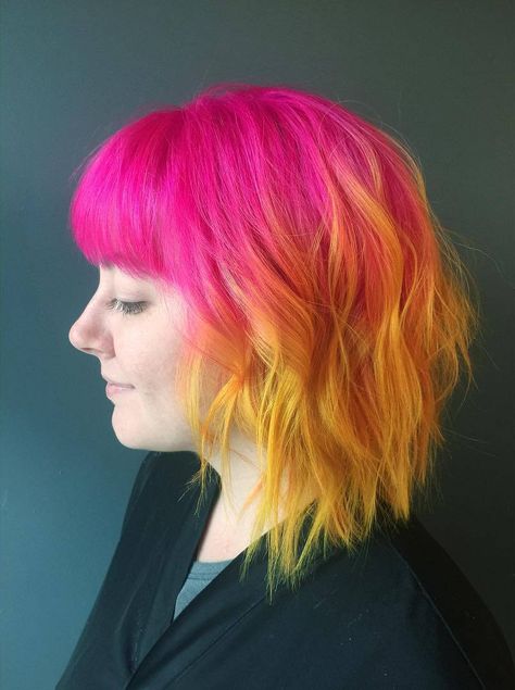 Pink and Yellow Hair. Pink Yellow Hair, Designs Haircut, Pink And Yellow Hair, Shaggy Haircut, Stylish Hair Colors, Medium Hairstyle, Modern Shag Haircut, Hair Colour Design, Modern Shag