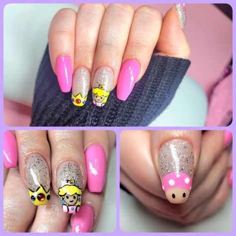 Princess Peach Nail Ideas, Princess Peach Nail Art, Princess Peach Nails, Nail Art Peach, Princess Peach Halloween, Mario And Peach, Peach Nail Art, Peach Mario Bros, Peach Mario