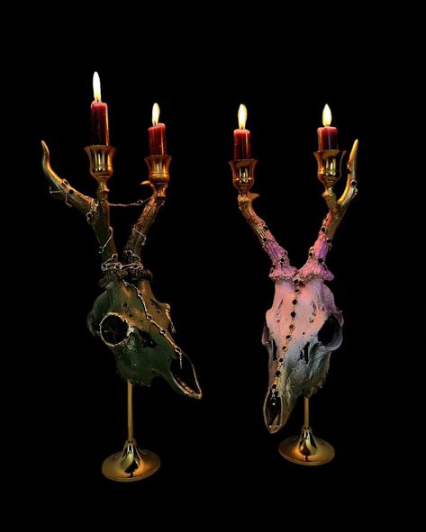 Everyone needs a little bit of glamour... #deerskullart #candleholders #gothwedding Deer Skull Display, Bone Art Diy, Stag Skull Decor, Doe Skull Decor, Elk Skull Decor, Crystal Deer Skull, Bone Decorations, Skeleton Flower, Deer Skull Art