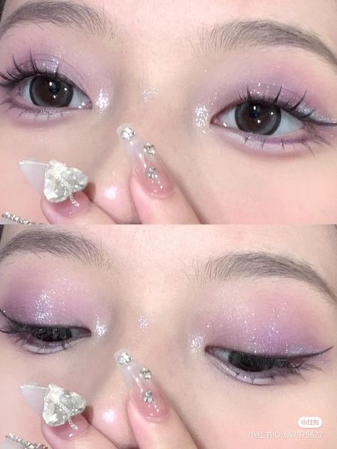 Makeup Inspiration Purple, Light Purple Natural Makeup, Kawaii Purple Makeup, Douyin Birthday Makeup, Wedding Makeup Lavender, Lavender Bridal Makeup, Lavender Douyin Makeup, Purple Soft Makeup, Lilac Douyin Makeup