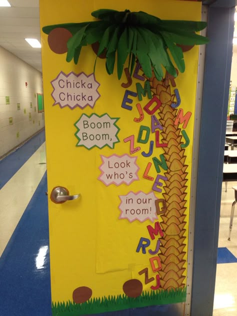 back to school door decoration.. Chicka chicka boom boom style! First Day Of Preschool Door Ideas, Chica Chica Boom Boom Bulletin Board Ideas, Back To School Door Ideas Kindergarten, Chicka Chicka Boom Boom Door Decoration, Kindergarten Door Decorations First Day, Welcome Back To School Door Ideas Preschool, Chicka Chicka Boom Boom Door, Pre K Door Decorations Back To School, First Day Of School Door Ideas