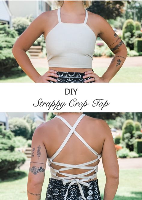 This crop top is the perfect entry level project into sewing clothes! This free pattern will show you how to make a crop top out of one piece of fabric and bias tape. This top is cute, sassy, and perfect for summer - get out your sewing machine right now and follow along with this quick & easy DIY! Festival Sewing Ideas, Easy Sew Crop Top, Easy Sewing Patterns Free Diy Summer Dresses, Sewing Tops For Women Easy, Easy Diy Tops For Women, Diy Crop Top Pattern, Diy Clothes Crop Top, Sew A Crop Top, Crop Top Pattern Free