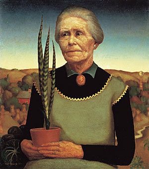 Wood, Grant (1891-1942) - 1929 Woman with Plant by RasMarley, via Flickr Grant Wood Paintings, Artist Grants, Francis Picabia, Grant Wood, Most Famous Artists, American Gothic, Whitney Museum, Plant Painting, American Icons