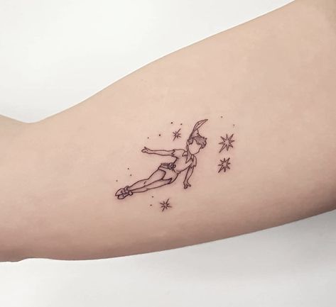 Peter Pan Tattoo Peterpan Tattoo Small, Peter Pan Shadow Tattoo, Tinkerbell Tattoo Outline, Subtle Tinkerbell Tattoo, Simple Peter Pan Tattoo, Peter Pan Inspired Tattoos, Tiny Tinkerbell Tattoo, Disney Tattoos Ideas, Peterpan Tattoo