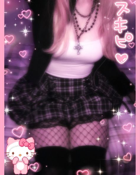 fishnets kneehigh skirt edgy alternative cute hellokitty uwu Fishnets With Skirt, Skirt With Fishnets Outfit, Fish Net Outfits, Big Thighs Outfit, Outfit With Fishnets, Fishnet Aesthetic, Fishnets Aesthetic, Pink Tank Tops Outfit, Fits With Skirts