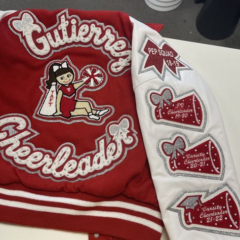 Dance Varsity Jacket, Letterman Jacket Cheerleader, Dance Letterman Jacket, Cheerleading Letterman Jackets, Varsity Cheer Jacket, Cheer Varsity Jackets, Cheer Letterman Jacket Ideas, Cheer Jackets Designs, Cheer Letterman Jacket