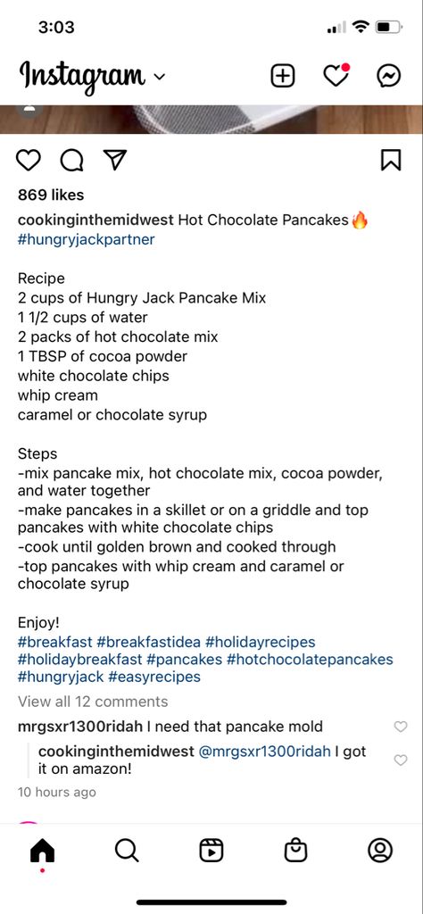 Hot Chocolate Pancakes, Hungry Jack Pancakes, Hungry Jacks, Pancake Mix, Holiday Breakfast, Hot Chocolate Mix, Chocolate Syrup, Heavy Whipping Cream, White Chocolate Chips