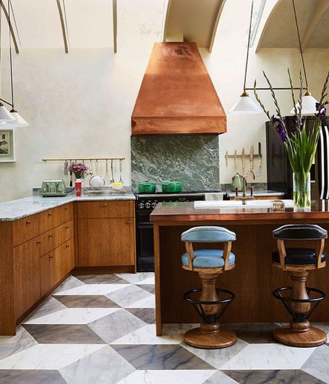 Beata Heuman on Instagram: “Project finished a few years ago - this photo was taken by Rachel Whiting for the cover feature in @houseandgardenuk. The marble (which I…” Kitchen Floor Tile Patterns, Kitchen Floor Tile Design, Copper Island, Copper Kitchen Hood, Modern Kitchen Flooring, Best Flooring For Kitchen, Beata Heuman, Floor Tiles Design, Kitchen Floor Tiles Ideas