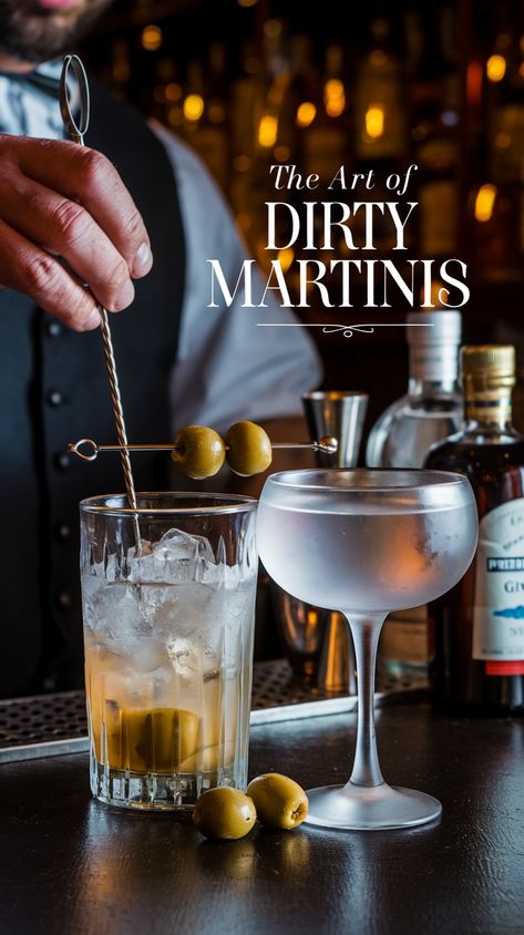 Bartender preparing a Dirty Martini with premium gin and vermouth in a dimly lit bar, three olives on a silver pick, elegant serif font text overlay saying The Art of Dirty Martinis Classic Gin Martini, Vodka Dirty Martini Recipes, Classic Dirty Martini Recipe, Best Dirty Martini Recipe, Dirty Gin Martini, Dirty Martini Recipe, Cozy Hot Drinks, Energizing Smoothies, Olive Brine