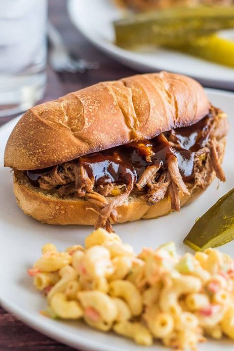 These incredibly good Slow Cooker Tri-Tip Sandwiches are made with fall-apart tender tri-tip on toasty bread and topped with cheese and sweet, tangy BBQ sauce. Tri Tip Recipes Crockpot, Slow Cooker Tri Tip, Baking Mischief, Tri Tip Sandwich, Comfort Recipes, Bbq Chicken Sandwich, Slow Cooker Bbq Chicken, Bbq Sandwich, Tangy Bbq Sauce