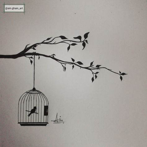 A Bird In A Covered Cage Aesthetic, Bird In A Cage Aesthetic, Bird In A Cage Drawing, Caged Bird Aesthetic, Bird In Cage Drawing, Caged Bird Art, Caged Bird Tattoo, Bird Cage Painting, Bird Flying Out Of Cage