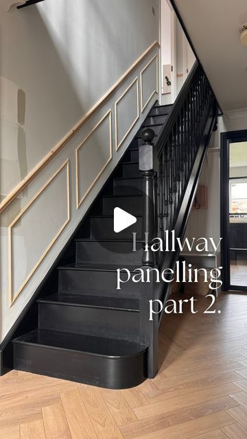 Georgina Raine on Instagram: "✨Hallway panelling part 2 ✨  Mitre shears will be your best friend! ✂️ I’ll link them in my stories along with the mouldings I’ve used. For more info & how to calculate your mouldings, check out my “hallway pt2” highlights   #hallway #hallwayinspo #hallwaydesign #hallwaydecor #hallwaypanelling #panelling #panelledwalls #wainscoting #diy #panellingideas #panelledhallway #howtopanel #diytips #diyhomedecor #hallwayinspiration #blackstairs #staircase" Staircase With Wainscoting, Wall Panels On Staircase, Panelling On Stairs Staircases, Panelling Up Staircase, Wall Panelling On Staircase, Stair Paneling Ideas, Colours For Hallways Stairs, Hallway Panelling Black Stairs, Wainscoting Hallway Entryway