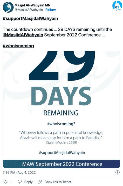 http://alibanah.com/tawheed/social/MasjidAlWahyain-1555246416510992384_.jpg [8/4/2022, 8:20:18 PM] 29 Days To Go Countdown, Days To Go Countdown, 29 Days, September 2022, Language English, Make It Simple, Twitter